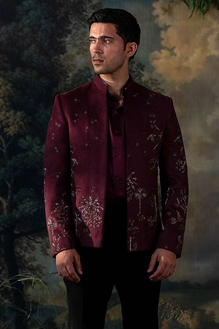Wine Velvet Hand Embroidered Wedding Bandhgala Set by AYUSH JAIN at Pernia's Pop Up Shop