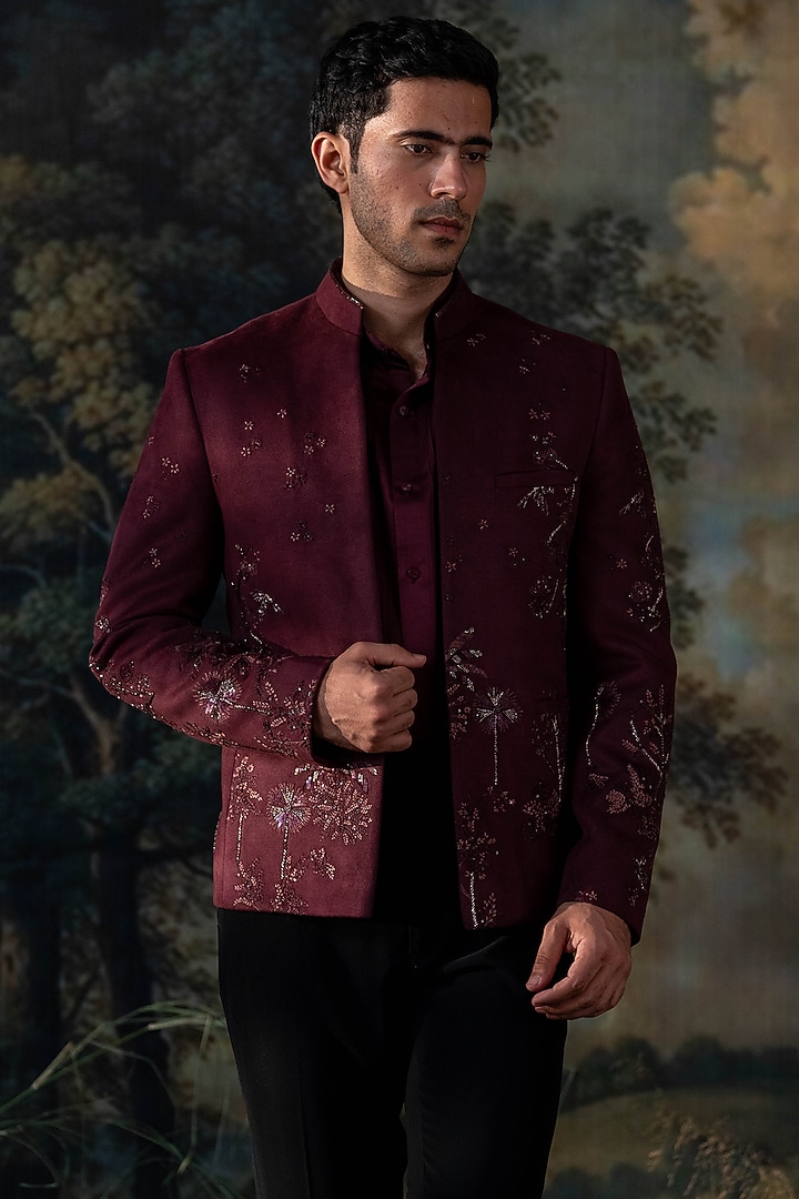 Wine Velvet Hand Embroidered Wedding Bandhgala Set by AYUSH JAIN at Pernia's Pop Up Shop