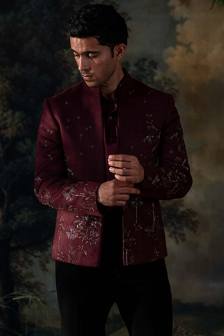 Wine Velvet Hand Embroidered Wedding Bandhgala Set by AYUSH JAIN at Pernia's Pop Up Shop
