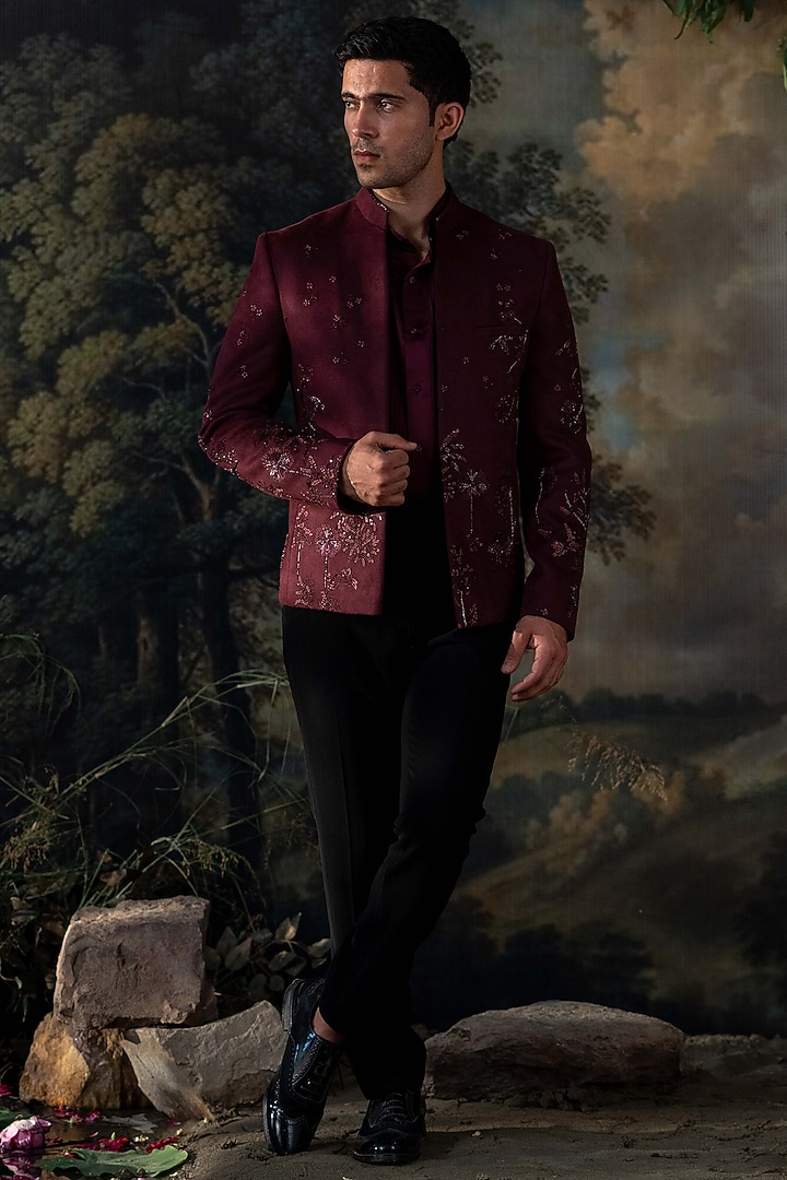 Wine Velvet Hand Embroidered Wedding Bandhgala Set by AYUSH JAIN at Pernia's Pop Up Shop