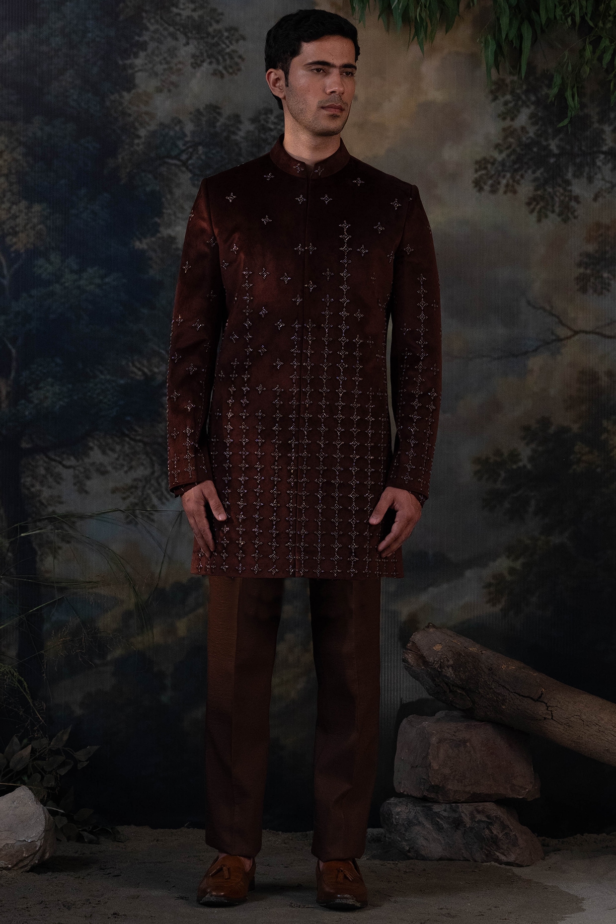 AYUSH JAIN Brown Velvet Hand Embroidered Indowestern Set