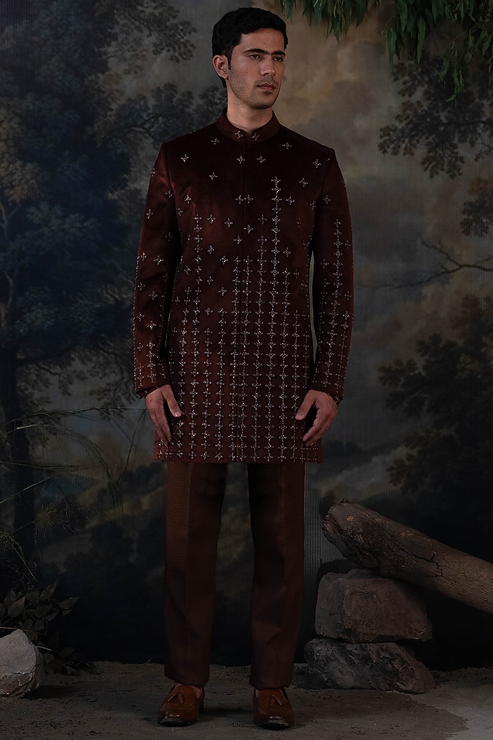 Brown Velvet Hand Embroidered Wedding Indowestern Set by AYUSH JAIN at Pernia's Pop Up Shop