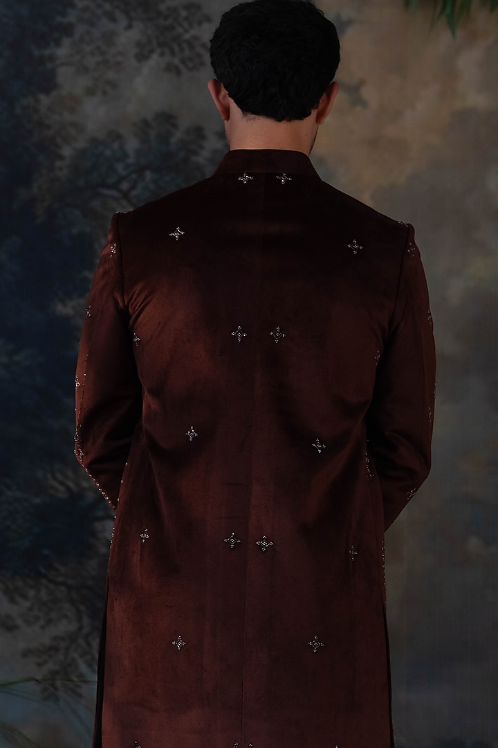 Brown Velvet Hand Embroidered Wedding Indowestern Set by AYUSH JAIN at Pernia's Pop Up Shop