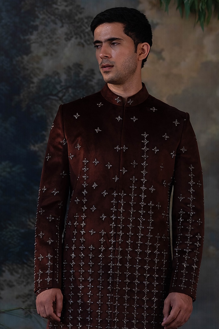Brown Velvet Hand Embroidered Wedding Indowestern Set by AYUSH JAIN at Pernia's Pop Up Shop