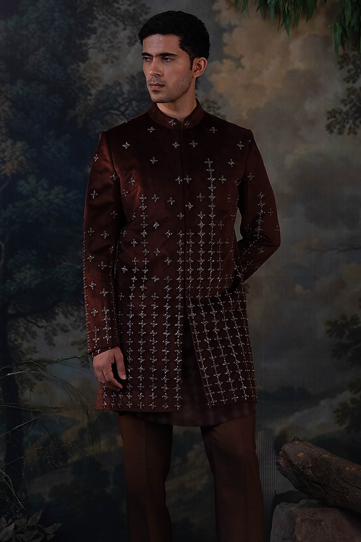 Brown Velvet Hand Embroidered Wedding Indowestern Set by AYUSH JAIN at Pernia's Pop Up Shop