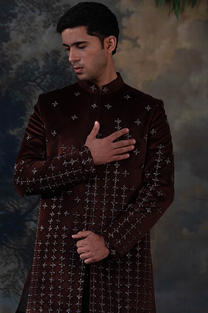 Brown Velvet Hand Embroidered Wedding Indowestern Set by AYUSH JAIN at Pernia's Pop Up Shop