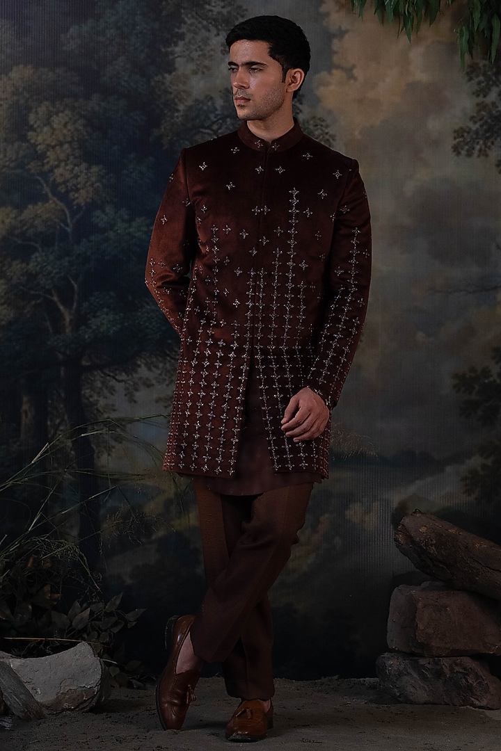 Brown Velvet Hand Embroidered Wedding Indowestern Set by AYUSH JAIN at Pernia's Pop Up Shop