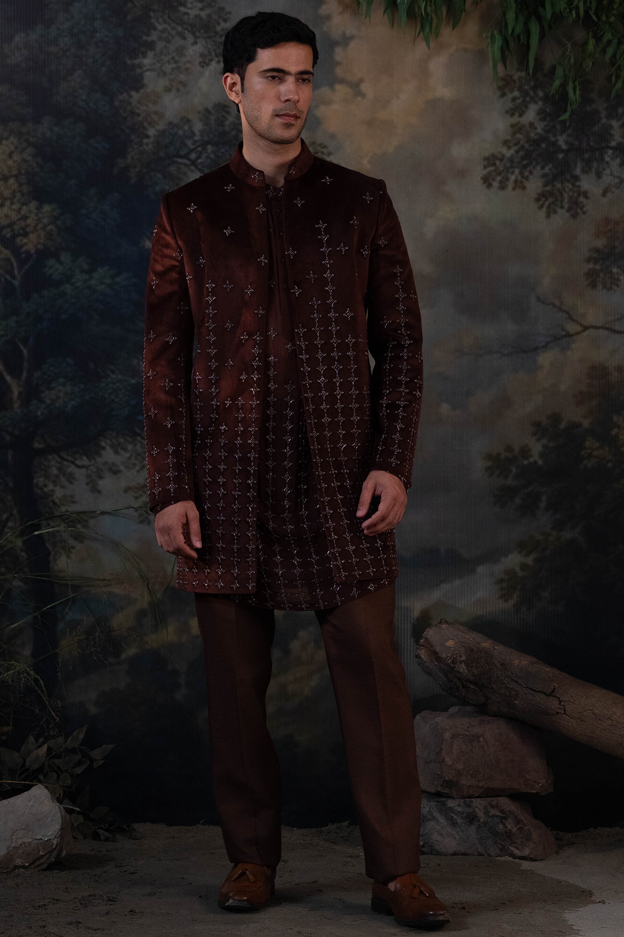 AYUSH JAIN Brown Velvet Hand Embroidered Indowestern Set