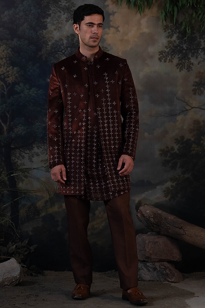 Brown Velvet Hand Embroidered Wedding Indowestern Set by AYUSH JAIN at Pernia's Pop Up Shop