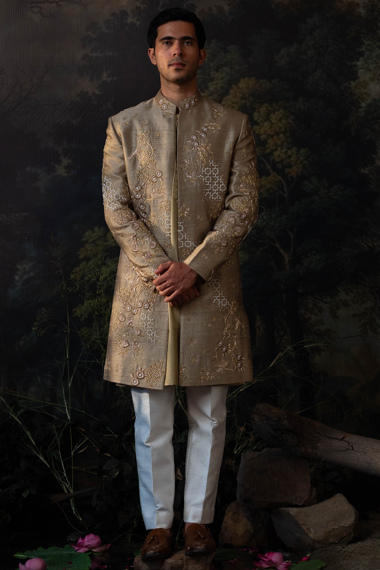 AYUSH JAIN Sage Green Silk Blend Hand Embroidered Indowestern Set