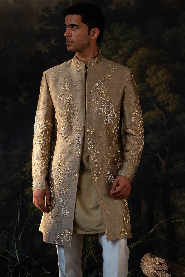 Sage Green Silk Blend Hand Embroidered Wedding Indowestern Set by AYUSH JAIN at Pernia's Pop Up Shop