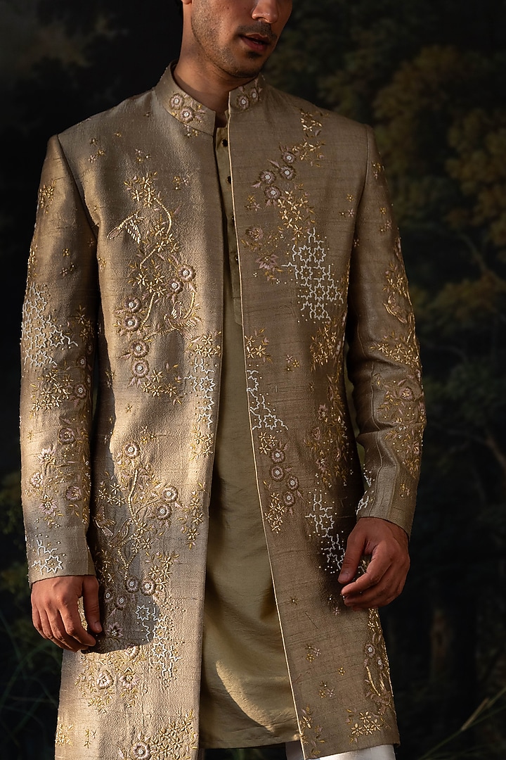 Sage Green Silk Blend Hand Embroidered Wedding Indowestern Set by AYUSH JAIN at Pernia's Pop Up Shop