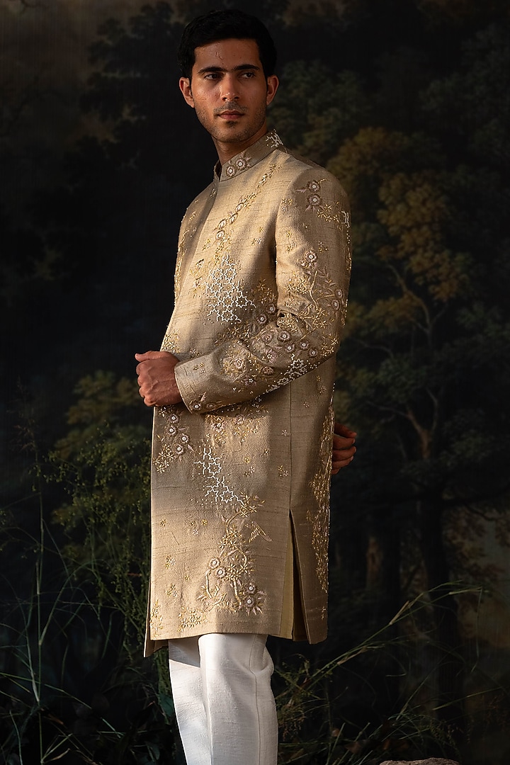 Sage Green Silk Blend Hand Embroidered Wedding Indowestern Set by AYUSH JAIN at Pernia's Pop Up Shop