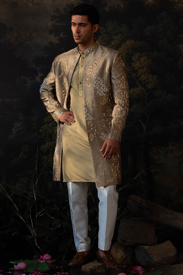 Sage Green Silk Blend Hand Embroidered Wedding Indowestern Set by AYUSH JAIN at Pernia's Pop Up Shop