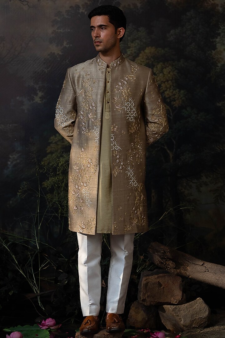 Sage Green Silk Blend Hand Embroidered Wedding Indowestern Set by AYUSH JAIN at Pernia's Pop Up Shop