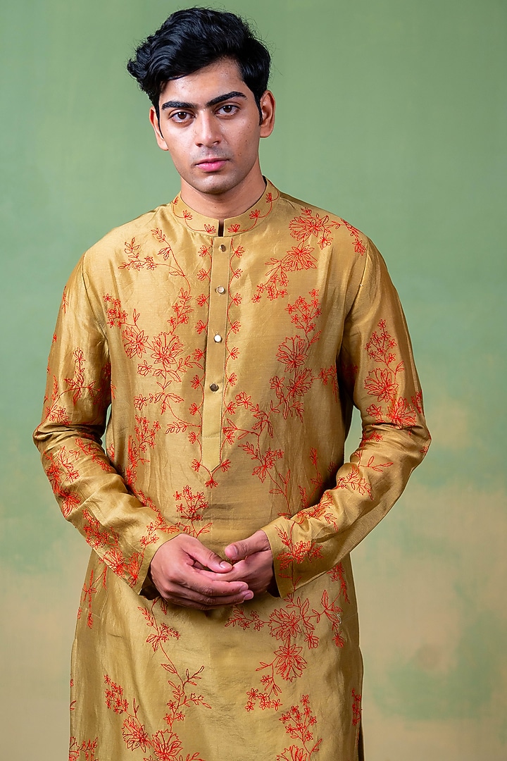 Green Chanderi Resham Embroidered Kurta by AYUSH JAIN at Pernia's Pop Up Shop