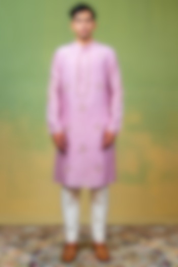 Pink-Lavender Chanderi Zardosi Embroidered Kurta by AYUSH JAIN