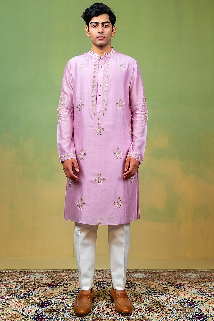 Pink-Lavender Chanderi Zardosi Embroidered Kurta by AYUSH JAIN