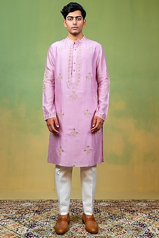 Pink-Lavender Chanderi Zardosi Embroidered Kurta by AYUSH JAIN