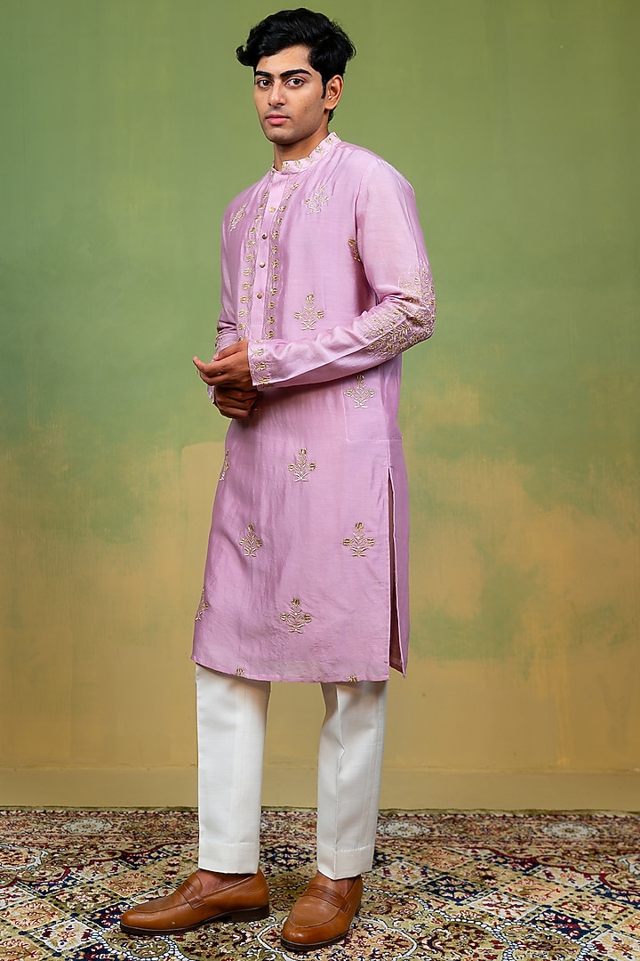 Pink-Lavender Chanderi Zardosi Embroidered Kurta by AYUSH JAIN at Pernia's Pop Up Shop