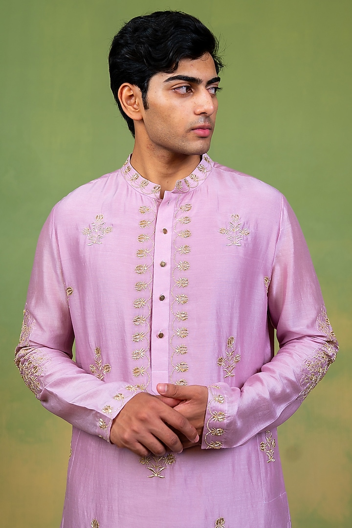 Pink-Lavender Chanderi Zardosi Embroidered Kurta by AYUSH JAIN at Pernia's Pop Up Shop