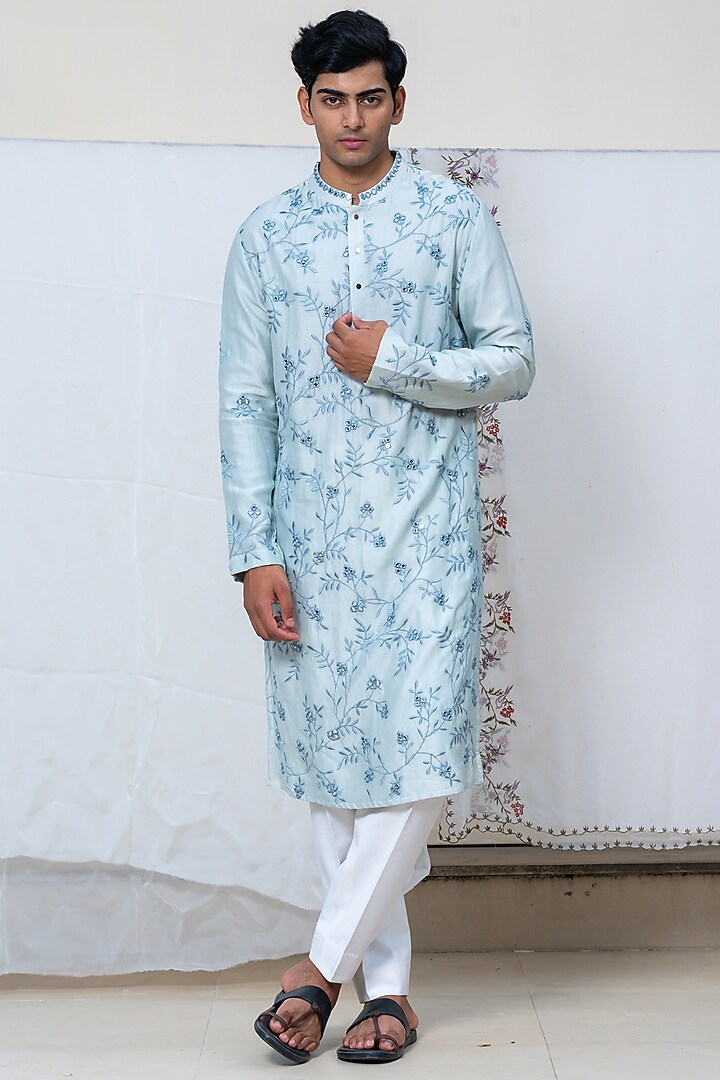 Light Blue Linen Satin Resham Embroidered Kurta by AYUSH JAIN at Pernia's Pop Up Shop