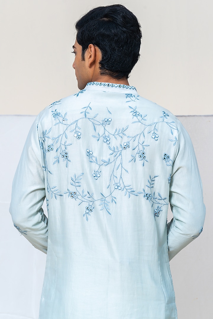 Light Blue Linen Satin Resham Embroidered Kurta by AYUSH JAIN at Pernia's Pop Up Shop