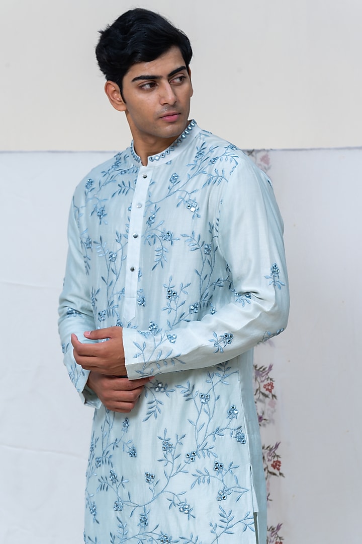 Light Blue Linen Satin Resham Embroidered Kurta by AYUSH JAIN at Pernia's Pop Up Shop