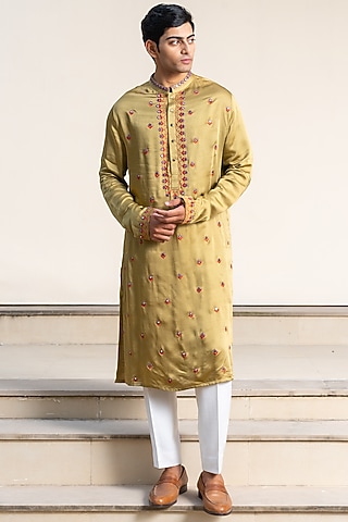 Mehendi Green Linen Satin Thread Embroidered Kurta by AYUSH JAIN