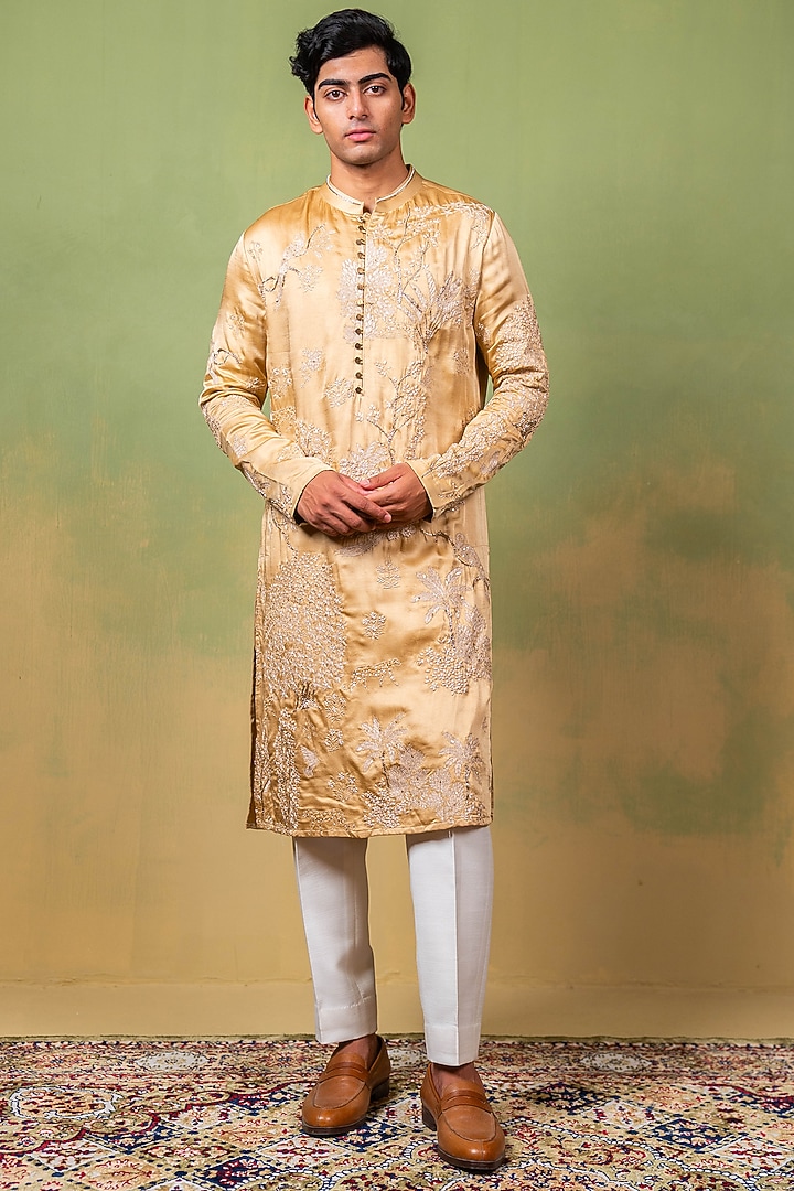 Gold Linen Satin Zardosi Embroidered Kurta by AYUSH JAIN at Pernia's Pop Up Shop