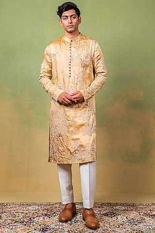 Gold Linen Satin Zardosi Embroidered Kurta by AYUSH JAIN