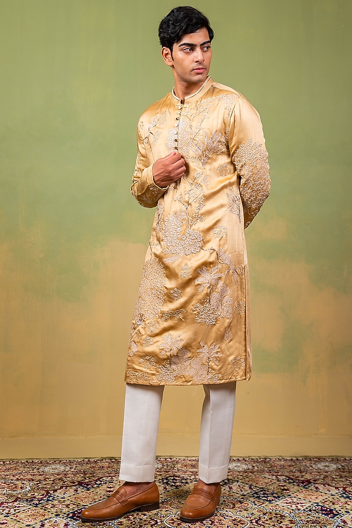 Gold Linen Satin Zardosi Embroidered Kurta by AYUSH JAIN at Pernia's Pop Up Shop