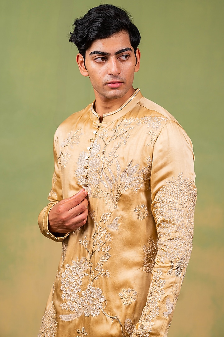 Gold Linen Satin Zardosi Embroidered Kurta by AYUSH JAIN at Pernia's Pop Up Shop