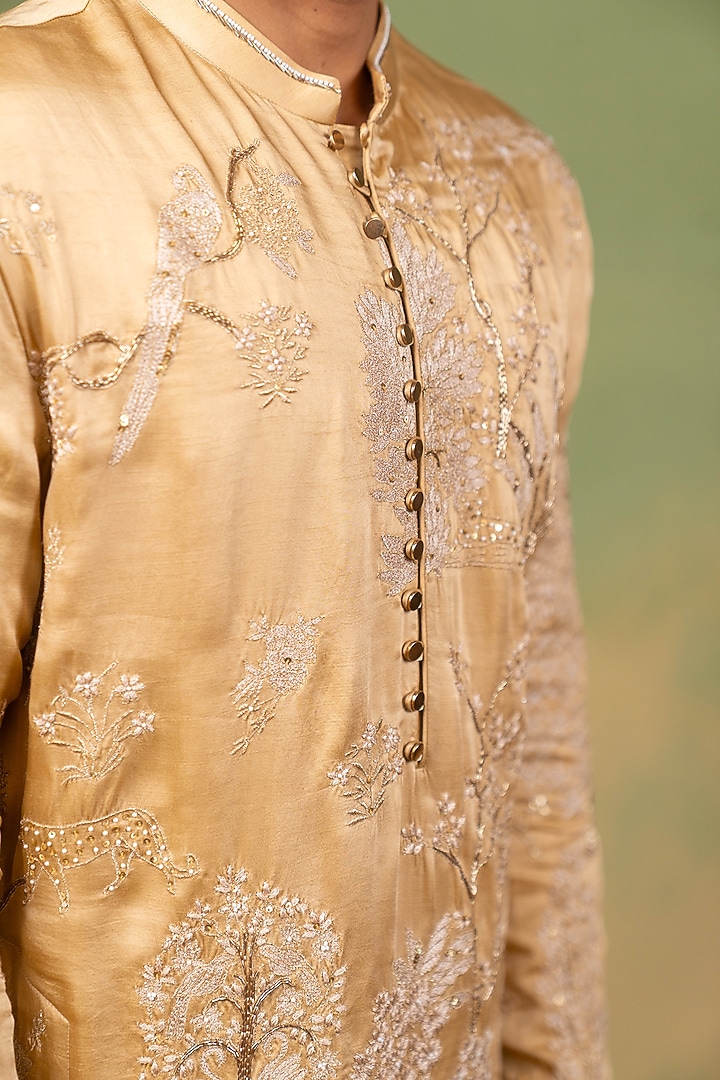 Gold Linen Satin Zardosi Embroidered Kurta by AYUSH JAIN at Pernia's Pop Up Shop