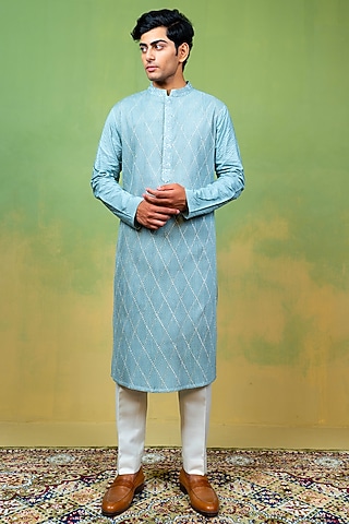 Blue Cotton Silk Thread Embroidered Kurta by AYUSH JAIN