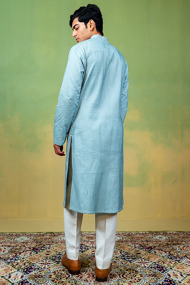 Blue Cotton Silk Thread Embroidered Kurta by AYUSH JAIN at Pernia's Pop Up Shop