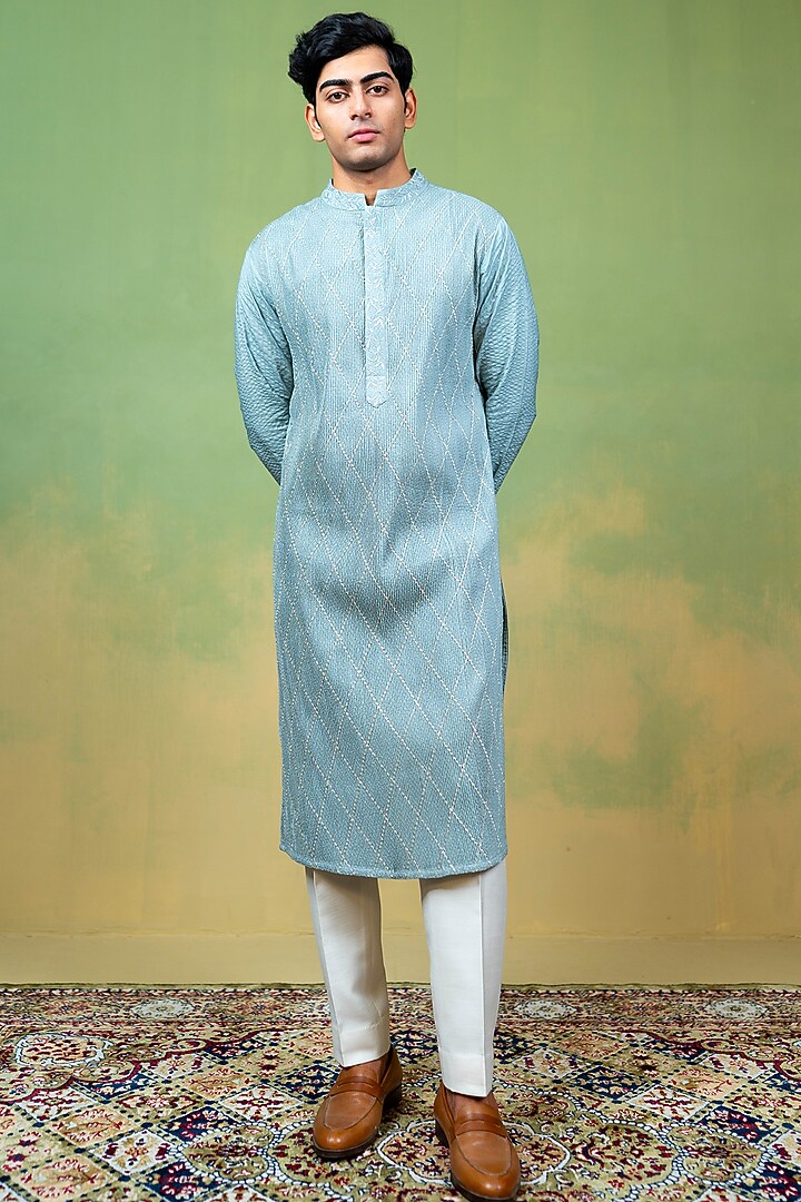 Blue Cotton Silk Thread Embroidered Kurta by AYUSH JAIN at Pernia's Pop Up Shop