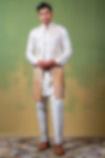Ivory-Gold Raw Silk Zardosi Embroidered Long Bundi Jacket by AYUSH JAIN
