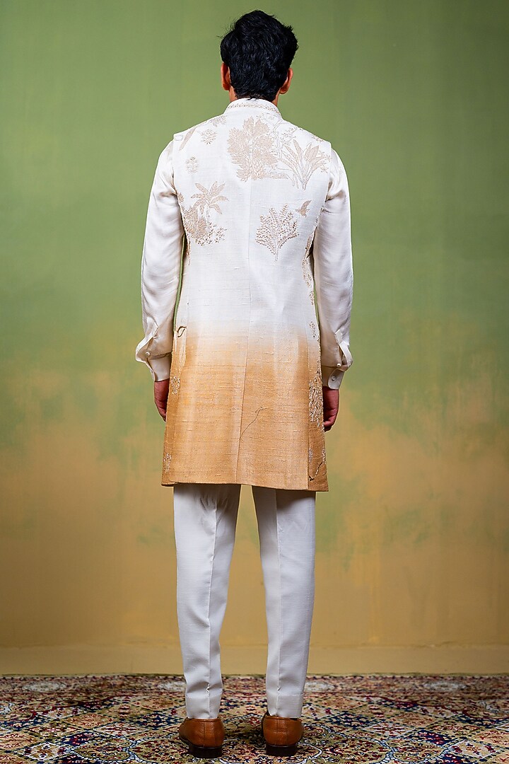 Ivory-Gold Raw Silk Zardosi Embroidered Long Bundi Jacket by AYUSH JAIN at Pernia's Pop Up Shop