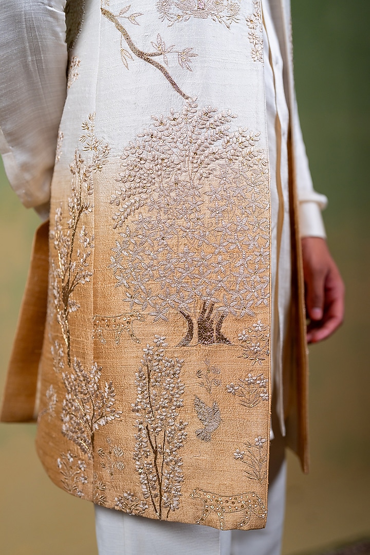 Ivory-Gold Raw Silk Zardosi Embroidered Long Bundi Jacket by AYUSH JAIN at Pernia's Pop Up Shop