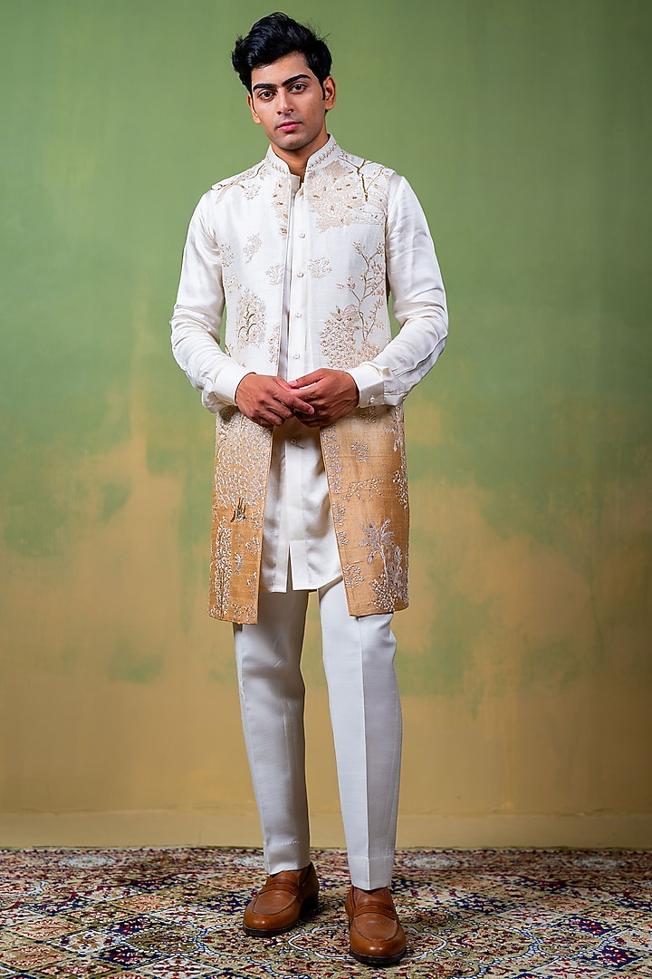 Ivory-Gold Raw Silk Zardosi Embroidered Long Bundi Jacket Set by AYUSH JAIN