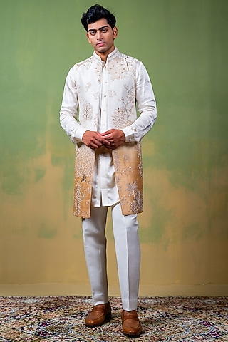 Ivory-Gold Raw Silk Zardosi Embroidered Long Bundi Jacket Set by AYUSH JAIN