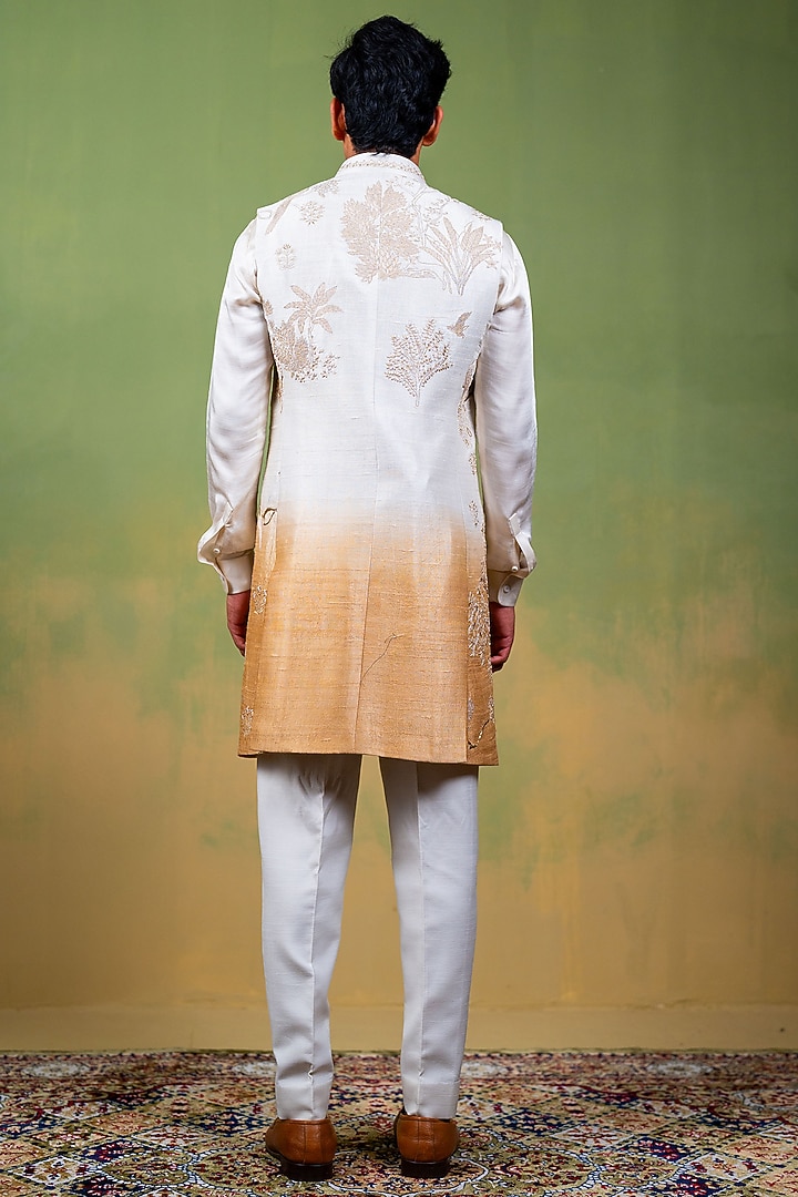 Ivory-Gold Raw Silk Zardosi Embroidered Long Bundi Jacket Set by AYUSH JAIN at Pernia's Pop Up Shop