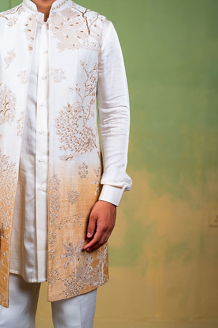 Ivory-Gold Raw Silk Zardosi Embroidered Long Bundi Jacket Set by AYUSH JAIN at Pernia's Pop Up Shop