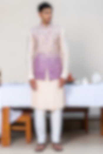 Light Peach & Lavender Ombre Raw Silk Thread Embroidered Bundi Jacket by AYUSH JAIN