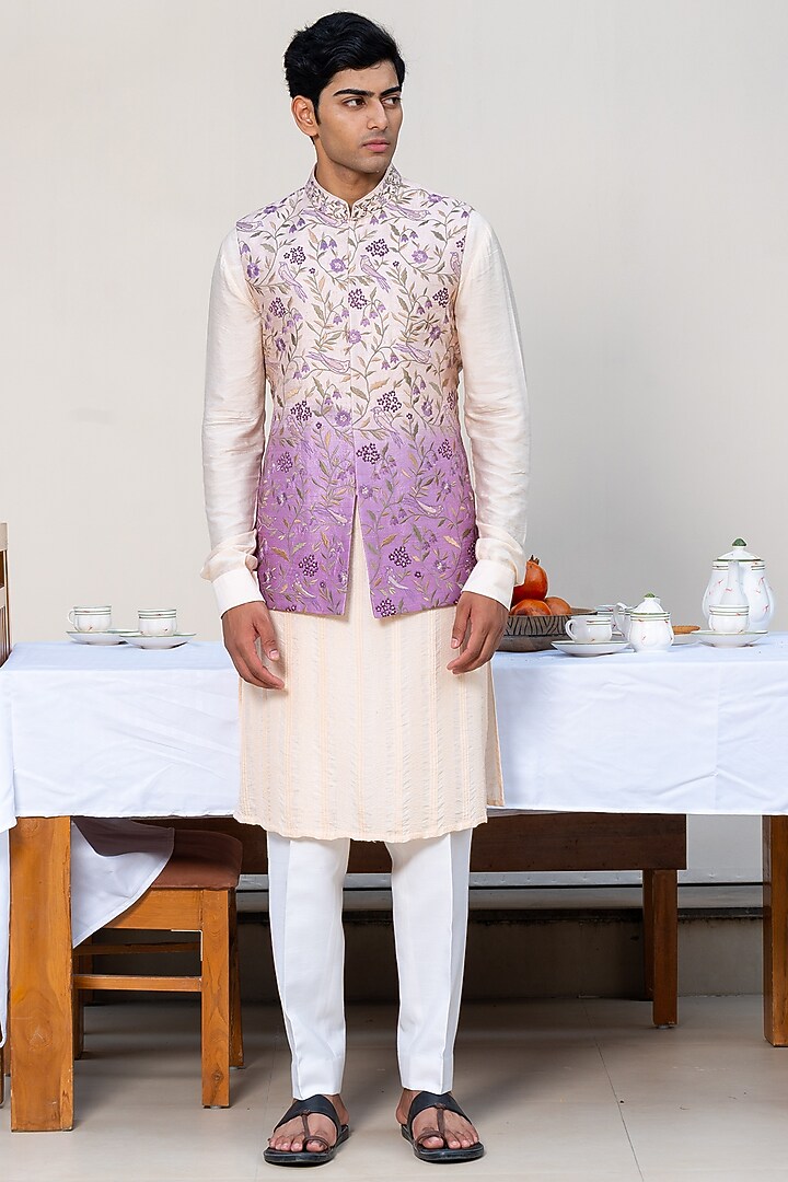 Light Peach & Lavender Ombre Raw Silk Thread Embroidered Bundi Jacket by AYUSH JAIN