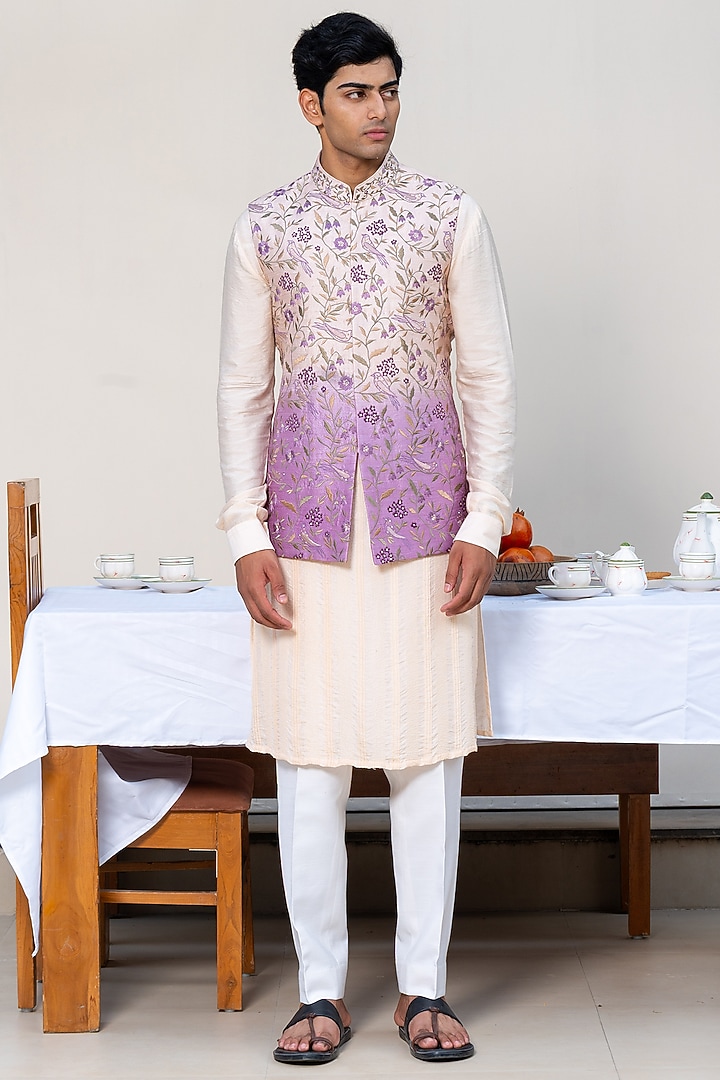Light Peach & Lavender Ombre Raw Silk Embroidered Bundi Jacket Set by AYUSH JAIN