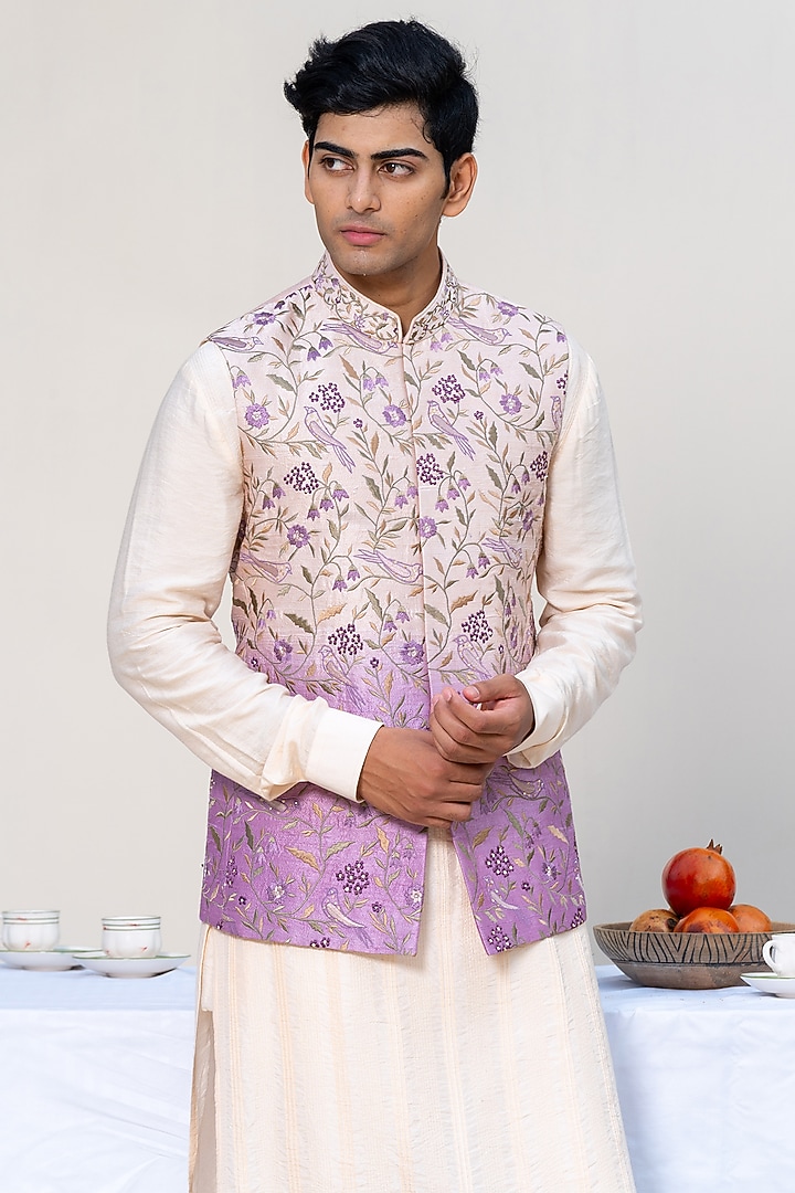 Light Peach & Lavender Ombre Raw Silk Embroidered Bundi Jacket Set by AYUSH JAIN at Pernia's Pop Up Shop