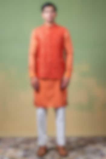 Scarlet Red Raw Silk Tonal Embroidered Bundi Jacket by AYUSH JAIN at Pernia's Pop Up Shop