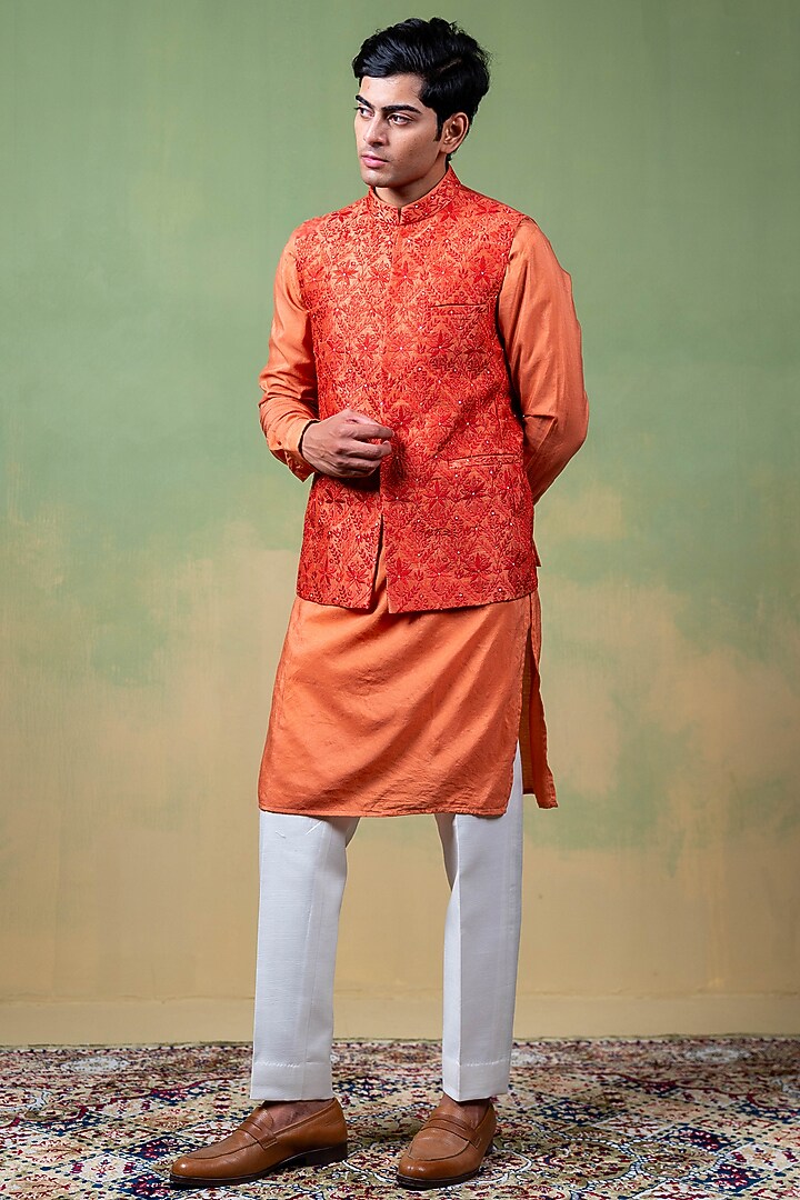 Scarlet Red Raw Silk Tonal Embroidered Bundi Jacket by AYUSH JAIN at Pernia's Pop Up Shop